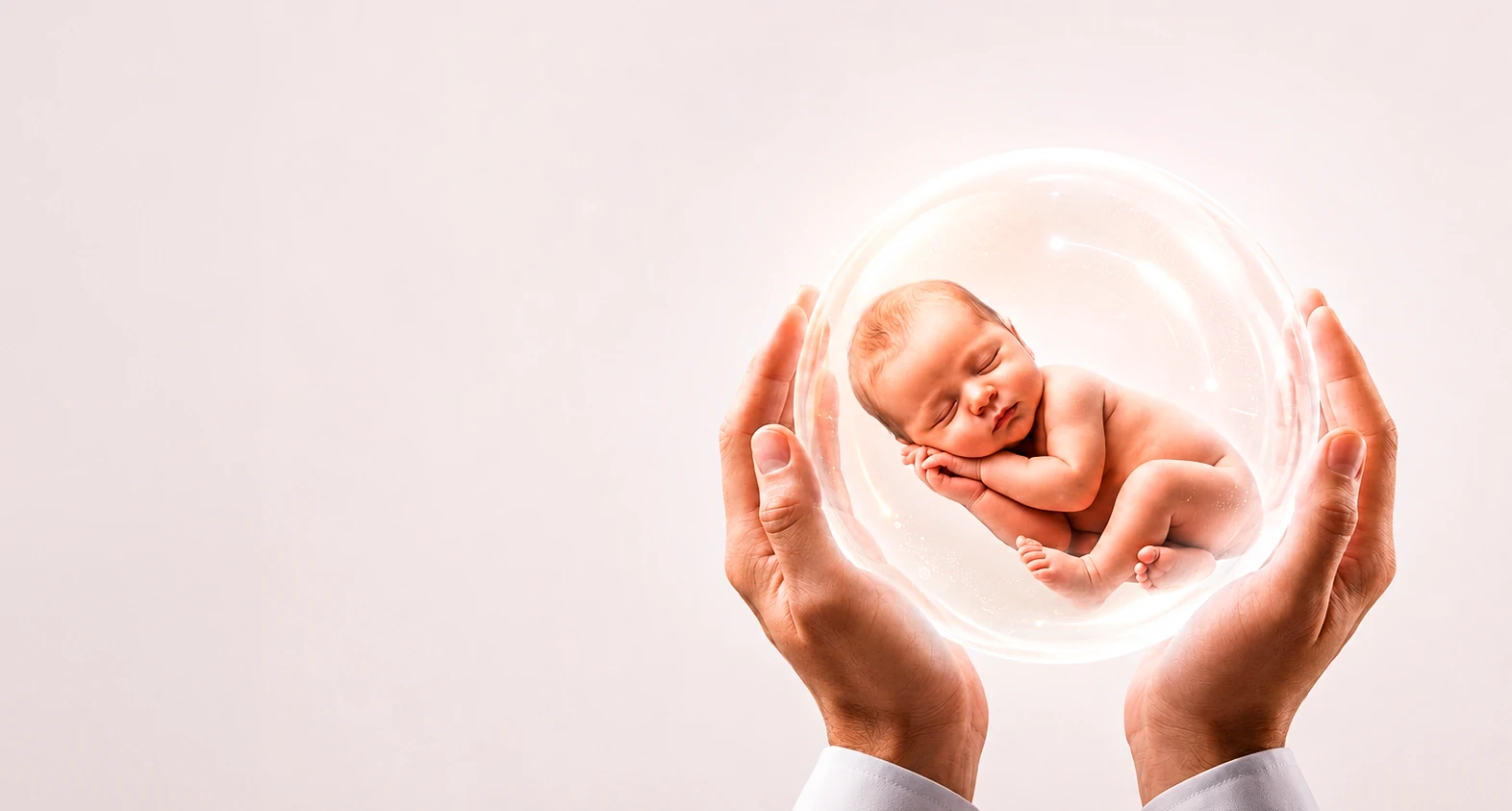 Bebê acolhido por mãos, representando o cuidado com uma nova vida